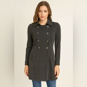 CAbi Double-Breasted Military Style Long Coat Dark Gray XS extra Small fit flare